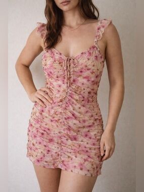 Fanco Pink Floral Ruched‎ Mini Dress Small Ruffle Tie Front Coquette Fairy